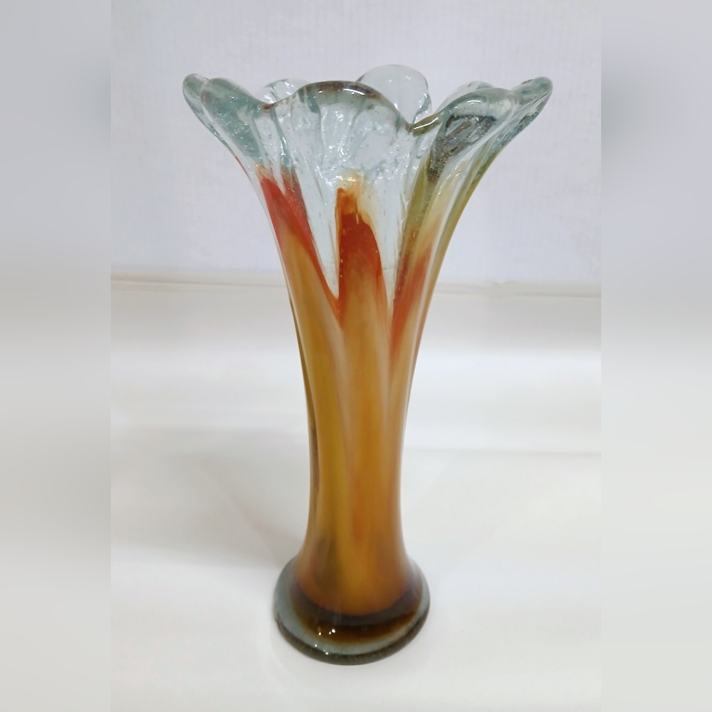 Vintage Bkown Glass Vase with Orange and Clear Design